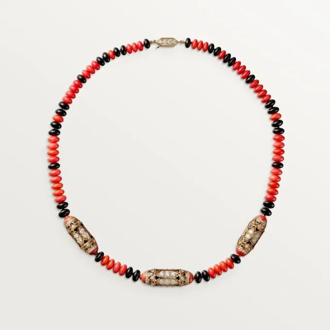 Haute Joaillerie-Halskette – Roségold, Koralle, Onyx, schwarzer Lack, Diamanten – Cartier