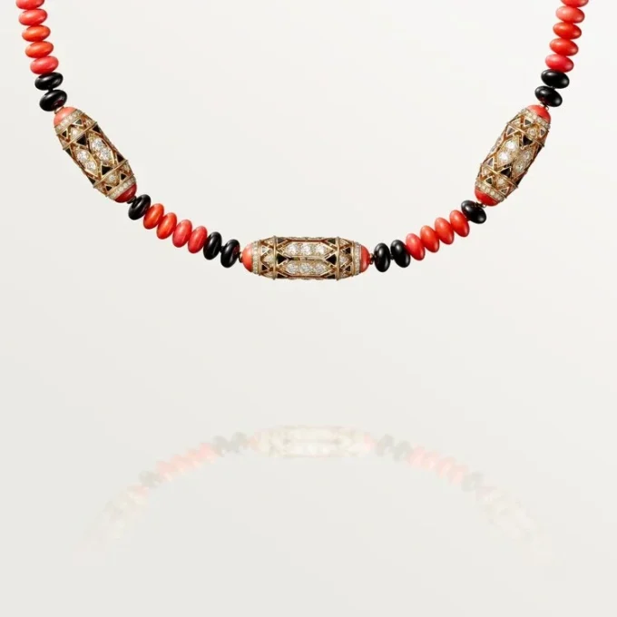 Haute Joaillerie-Halskette – Roségold, Koralle, Onyx, schwarzer Lack, Diamanten – Cartier
