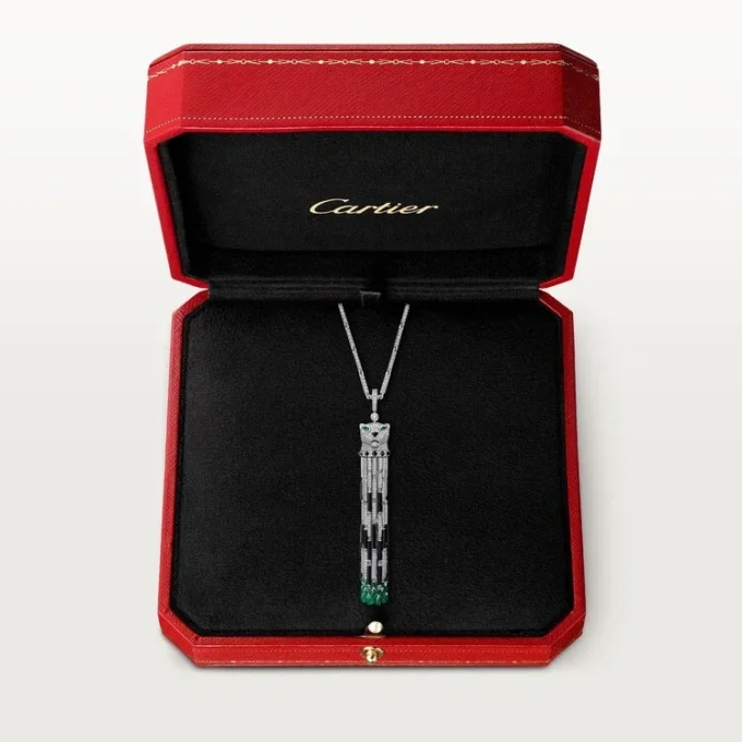 Panthere De Cartier Lange Halskette, Smaragd, vielseitig tragbar, großes Modell, pavé-besetzt