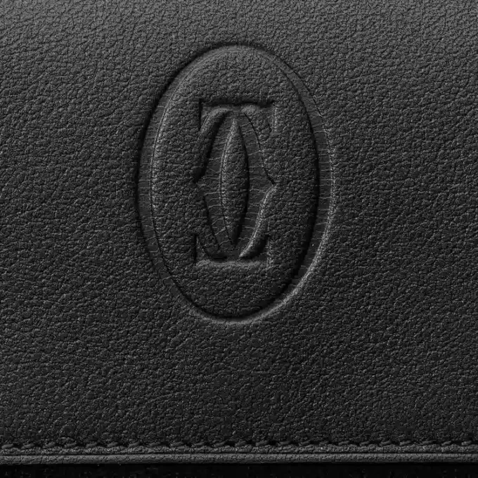 Quadratisches Portemonnaie, Must de Cartier – Schwarzes Kalbsleder, Edelstahl-Finish – Cartier
