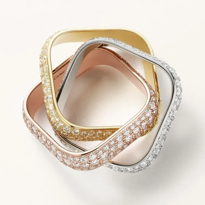 Trinity-Ring, kissenförmig, großes Modell, mit Pavé-Besatz