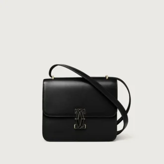 Umhängetasche, Mini, Double C de Cartier – Schwarzes Kalbsleder, Gold und schwarzes Emaille-Finish – Cartier