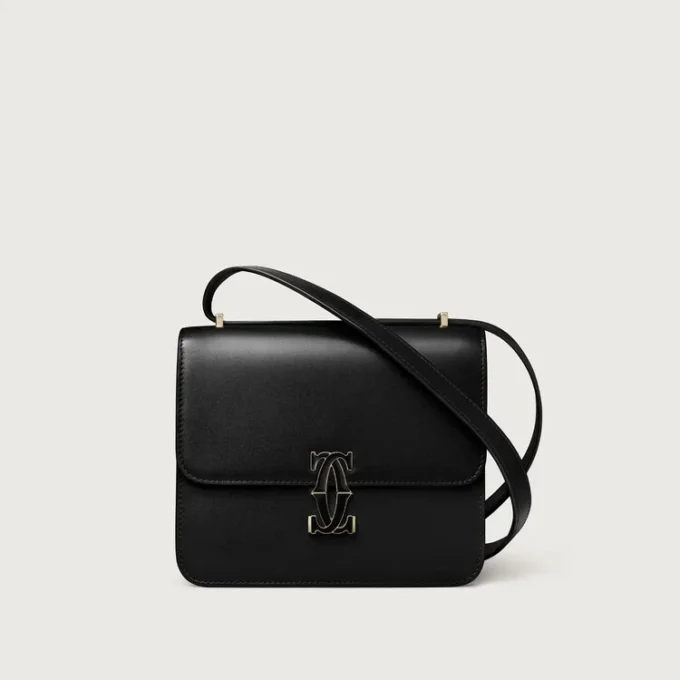 Umhängetasche, Mini, Double C de Cartier – Schwarzes Kalbsleder, Gold und schwarzes Emaille-Finish – Cartier