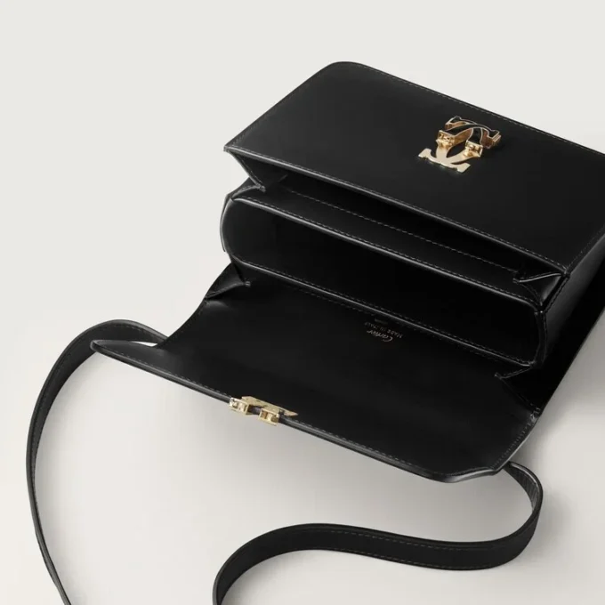 Umhängetasche, Mini, Double C de Cartier – Schwarzes Kalbsleder, Gold und schwarzes Emaille-Finish – Cartier