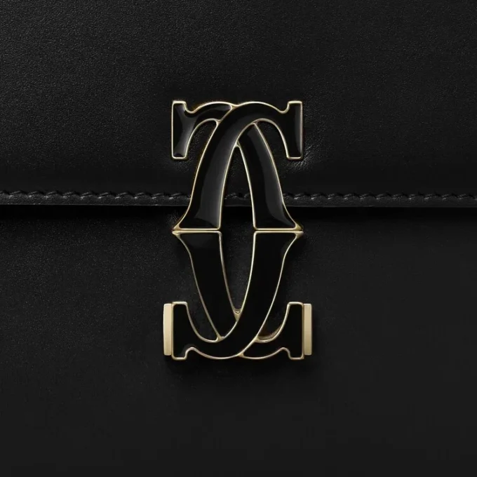 Umhängetasche, Mini, Double C de Cartier – Schwarzes Kalbsleder, Gold und schwarzes Emaille-Finish – Cartier